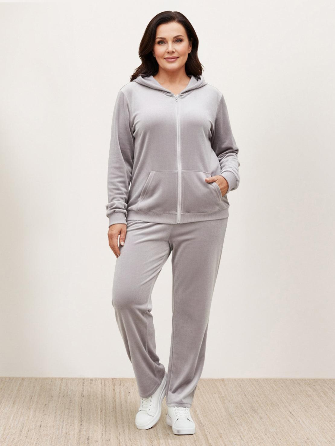 Plus size velour zip-up tracksuit with soft texture and straight-leg pants