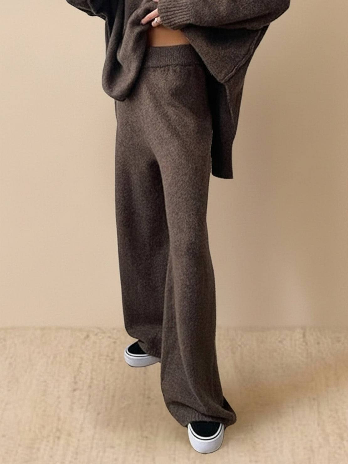 Soft-knit turtleneck two-piece set with relaxed fit and wide-leg pants