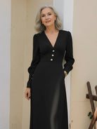 Slimming V-neck midi dress with button front, ruffle cuffs, and A-line skirt in wrinkle-resistant polyester