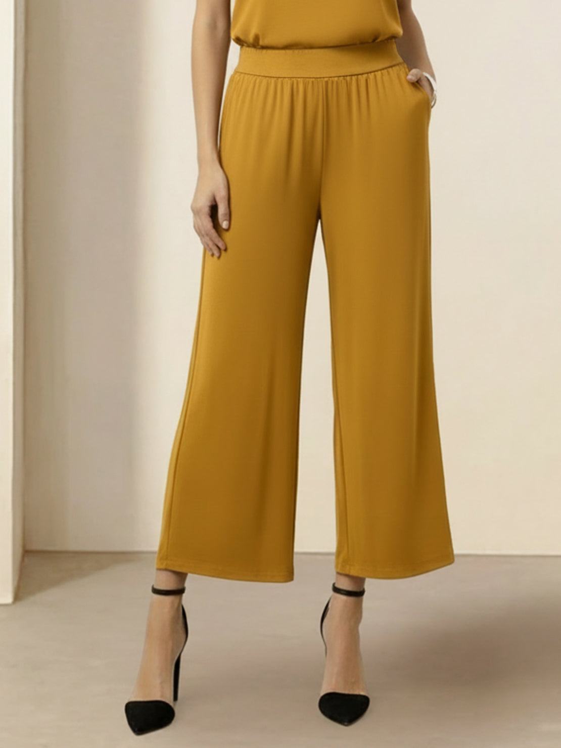 Open-front three-piece co-ord set with longline cardigan, tank top, and wide-leg trousers