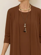 Open-front three-piece co-ord set with longline cardigan, round-neck tank, and wide-leg trousers in lightweight knit fabric