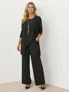 Open-front three-piece co-ord with longline cardigan, tank top, and wide-leg trousers in lightweight knit fabric