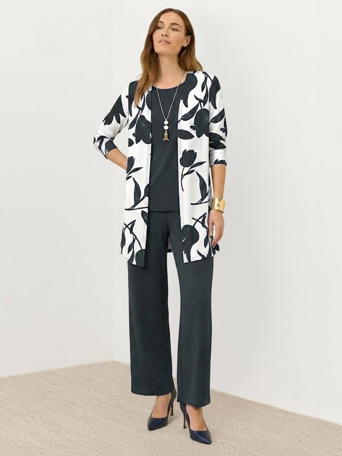 Open-front three-piece co-ord with longline cardigan, tank top, and wide-leg trousers in lightweight knit fabric