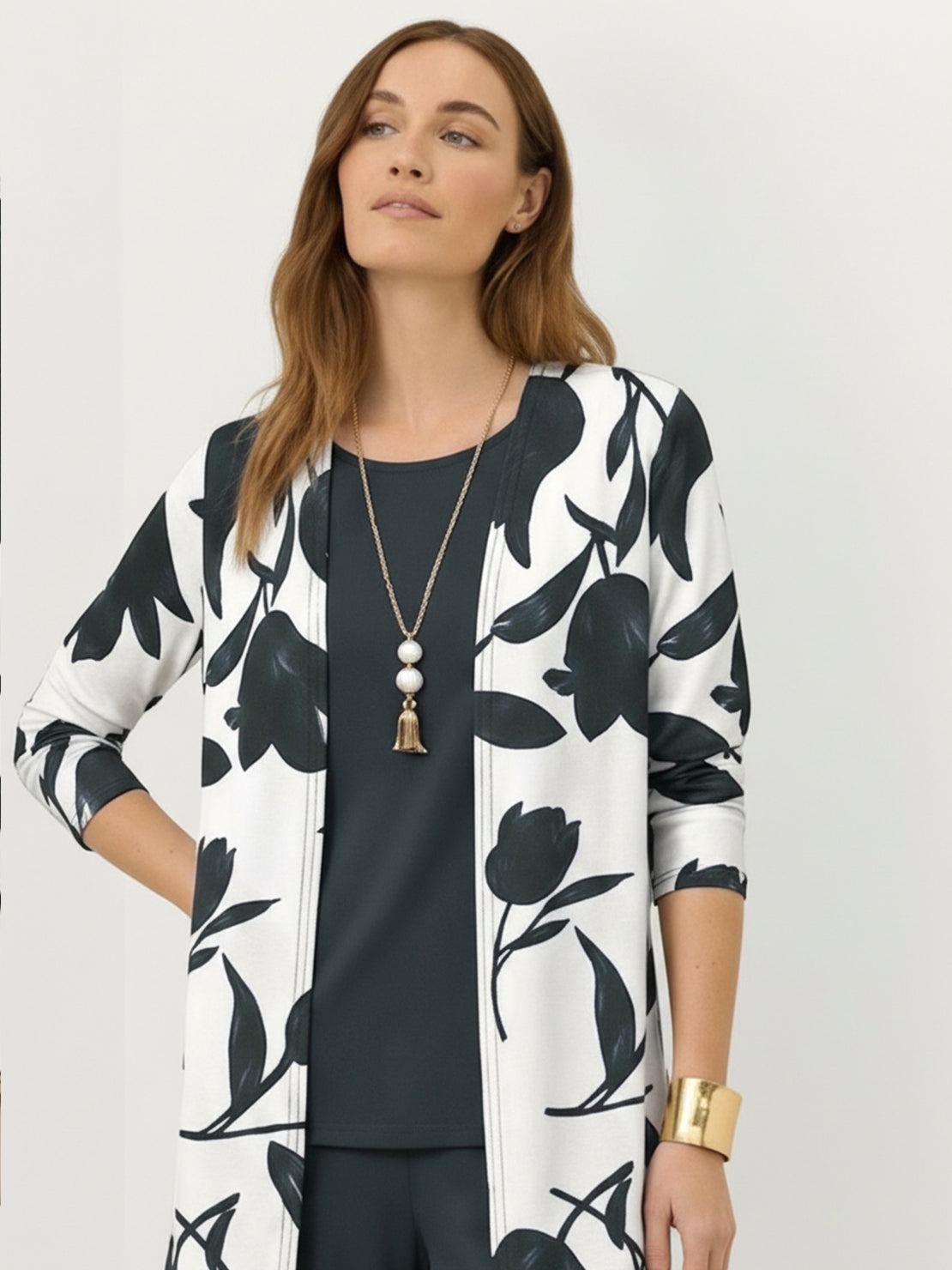 Open-front three-piece co-ord set with longline cardigan, tank top, and wide-leg trousers in lightweight knit fabric