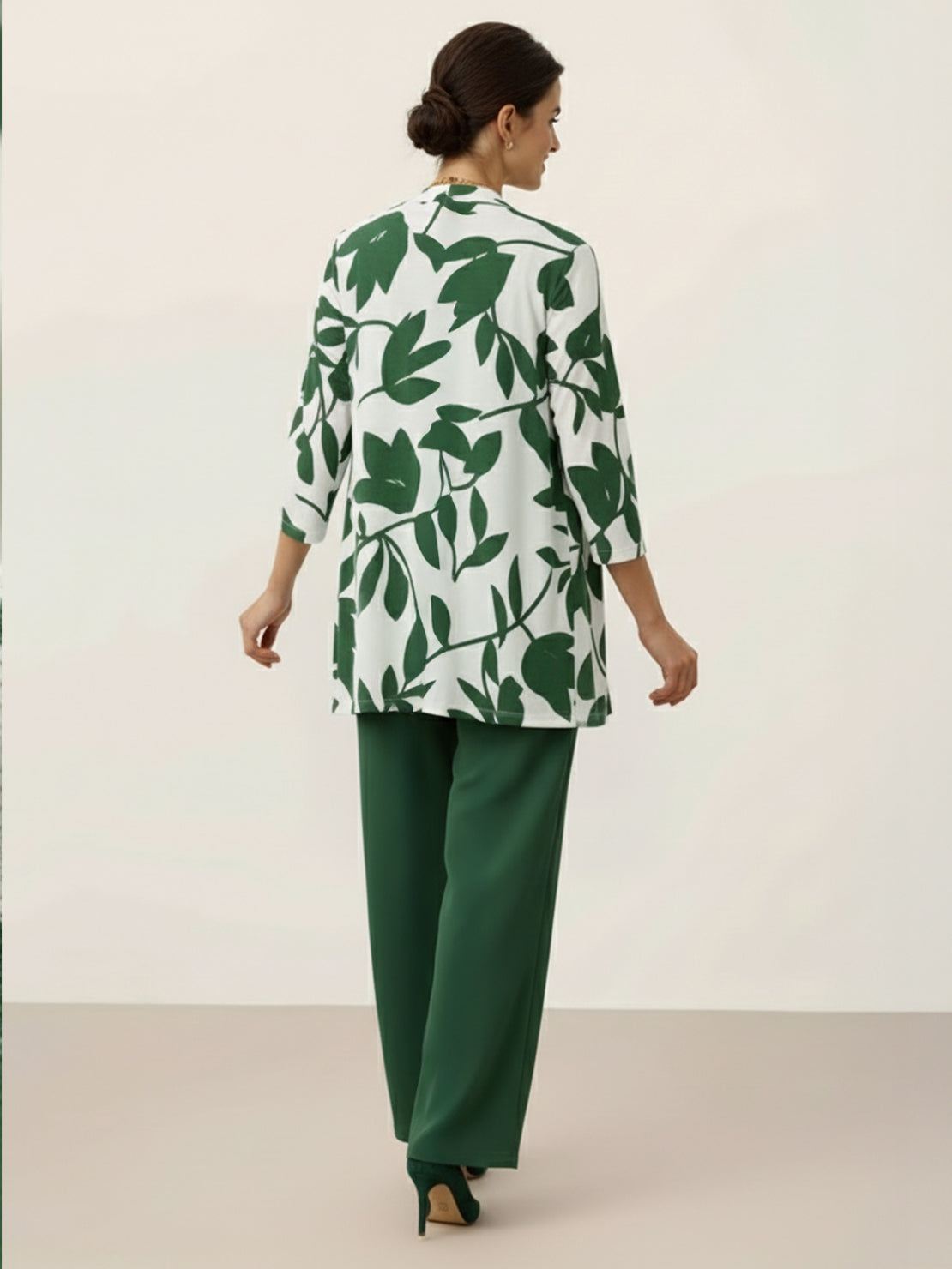 Open-front three-piece co-ord with longline cardigan, tank top, and wide-leg trousers in lightweight knit fabric