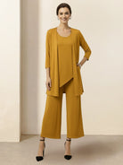 Open-front three-piece co-ord set with longline cardigan, tank top, and wide-leg trousers in lightweight knit fabric
