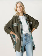 CloudKnit Oversized Hooded Shacket waffle knit hip-length shacket with attached drawstring hood and button-front closure