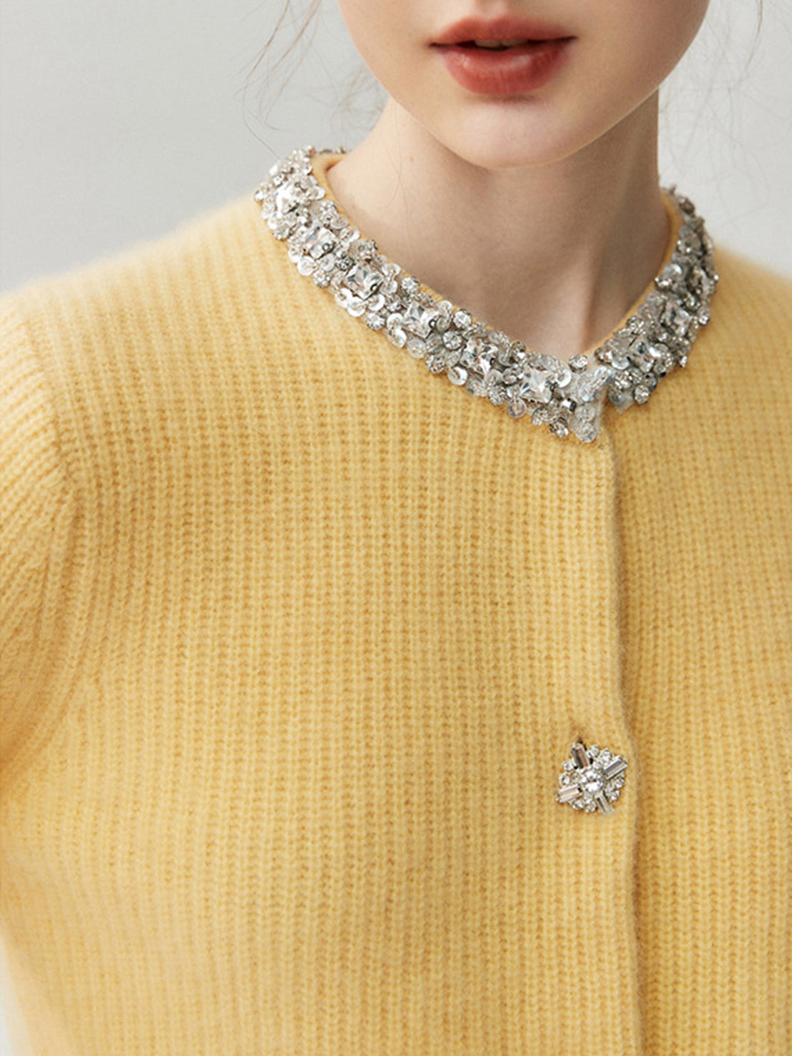 100% Alashan cashmere ribbed cardigan with crystal collar and buttons, fine-gauge knit, slightly relaxed fit, perfect layering piece