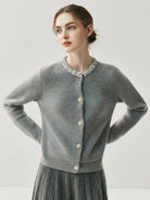 100% Alashan cashmere diamond-collar cardigan with crystal details and fine-gauge ribbed knit