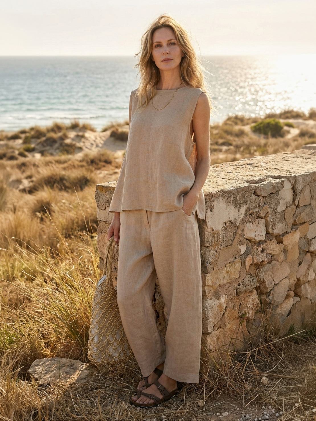 100% cotton crinkle sleeveless top and straight-leg pants co-ord set