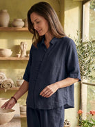 100% cotton two-piece artisan set with oversized button-front shirt and wide-leg elastic waistband pants