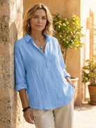 Lightweight 100% cotton popover blouse with relaxed oversized fit and classic collar