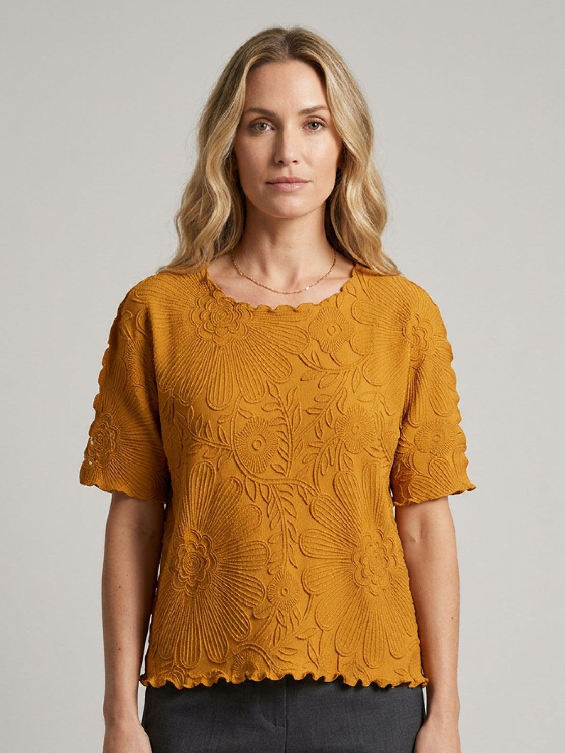 Floral Jacquard Pleated Top with 3D floral texture, flutter sleeves, and relaxed A-line fit