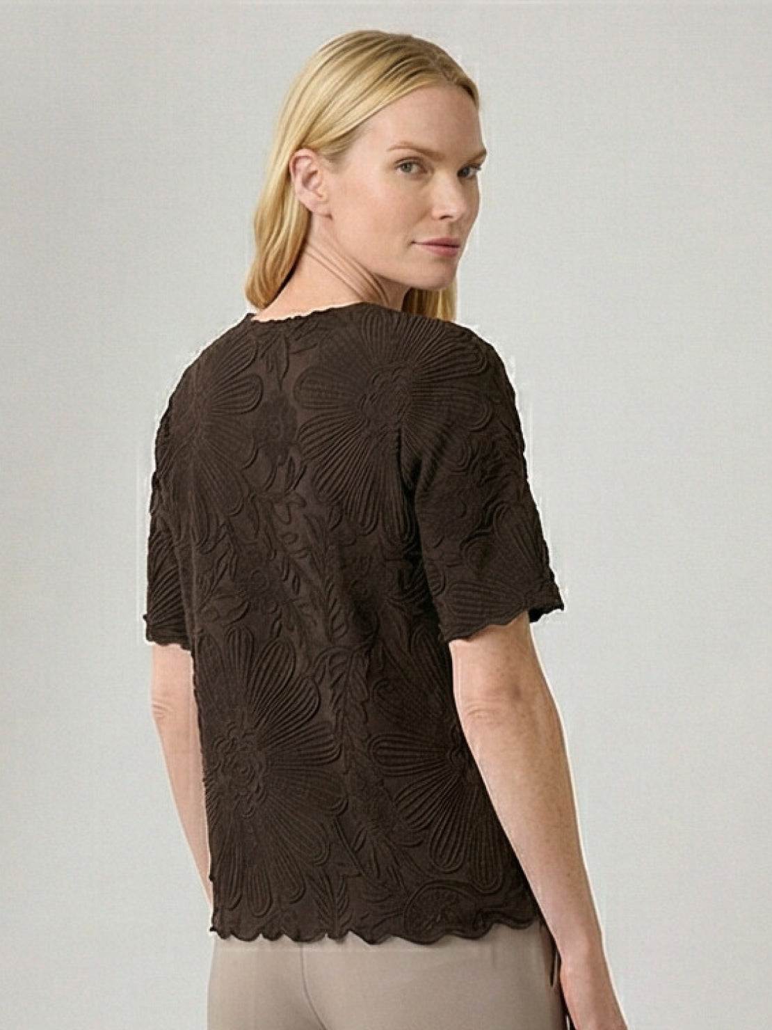 Floral Jacquard Pleated Top with flutter sleeves and 3D floral texture in relaxed A-line silhouette