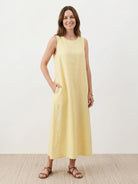 Lightweight 100% cotton linen sleeveless maxi dress with round neckline and flowing ankle-length silhouette