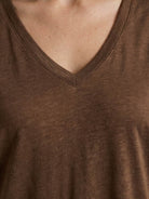 Linen-Bamboo V-Neck Tee with deep V-neck, short sleeves, and relaxed fit in breathable linen and bamboo viscose blend