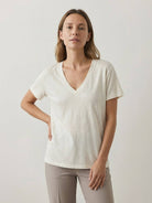 Linen-Bamboo V-Neck Tee with deep V-neck, short sleeves, and relaxed fit made of breathable linen and bamboo viscose blend.