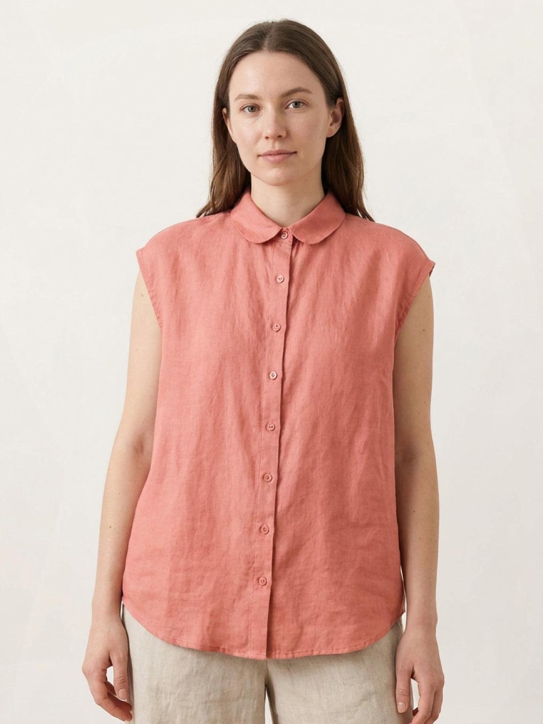 100% linen two-way button blouse with A-line silhouette and Peter Pan collar