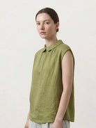 White 100% linen two-way button blouse with Peter Pan collar and cap sleeves, A-line silhouette