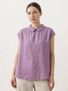 100% linen two-way button blouse with A-line silhouette, Peter Pan collar, and cap sleeves