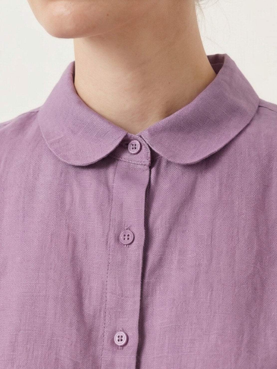 White 100% linen two-way button blouse with cap sleeves and Peter Pan collar