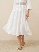 Rusty orange cotton linen midi dress with smocked waist and embroidery