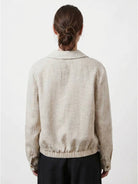 Cropped linen-lyocell zip bomber jacket with ribbed waistband and chest patch pocket