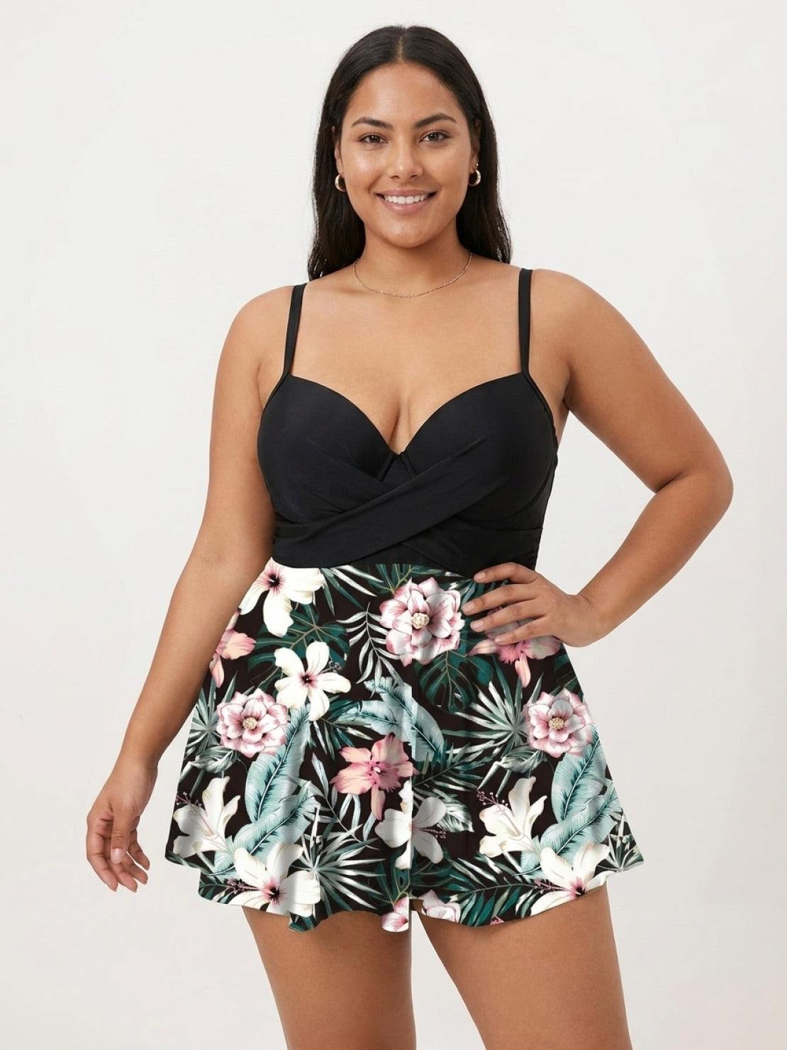 One-piece tropical crossover skirted swimwear with deep-V top and floral high-waist skirted bottom