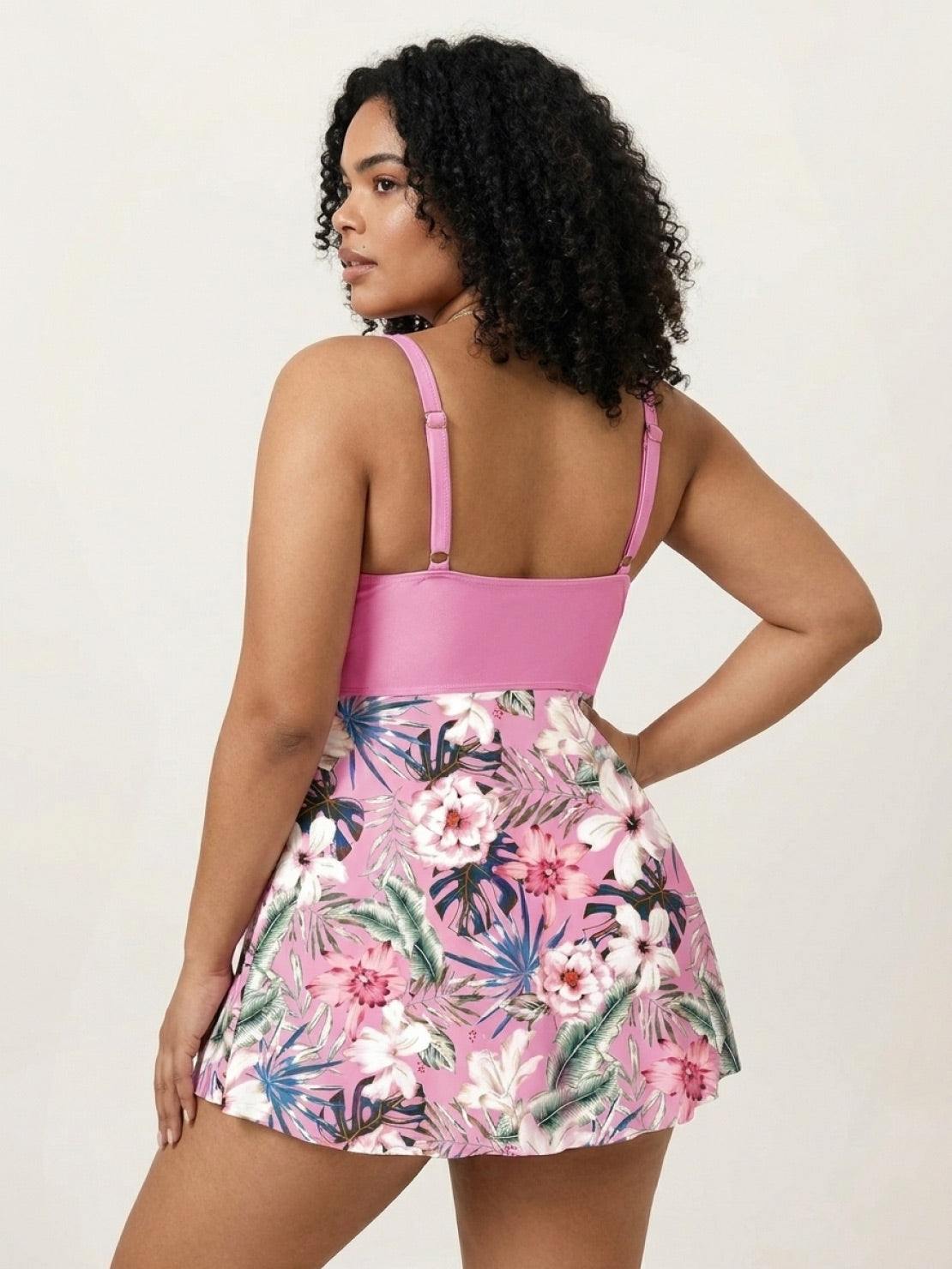 One-piece tropical crossover skirted swimsuit with deep-V solid top and floral high-waist bottom