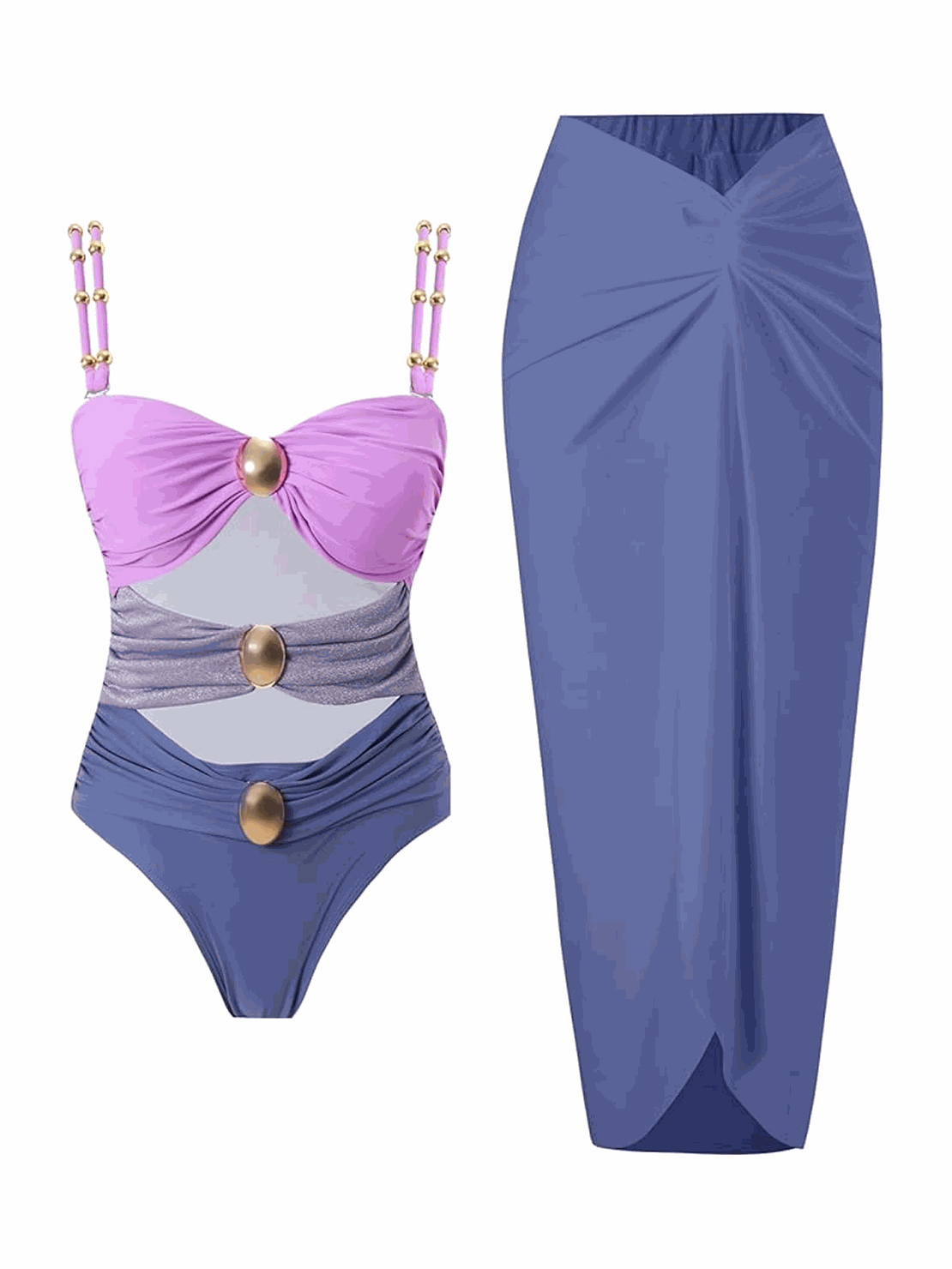 One-piece gold-detail cutout swimsuit set with ruched panels and midi wrap skirt beach cover-up