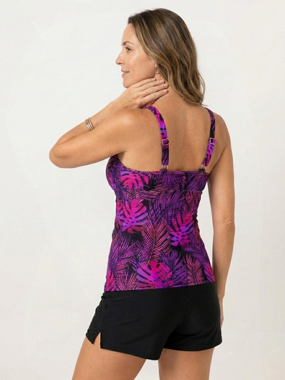 Classic V-Notch Tankini Set with ruched top and high-waist shorts in solid colors