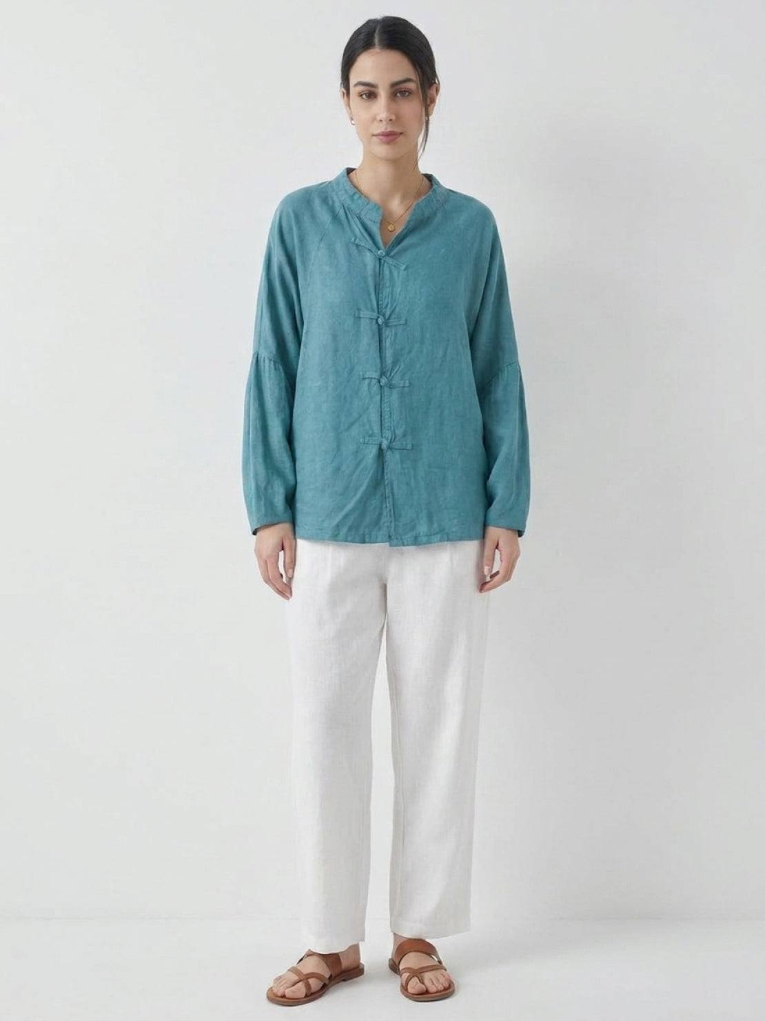 Oversized linen-cotton blouse with batwing sleeves and frog button closures