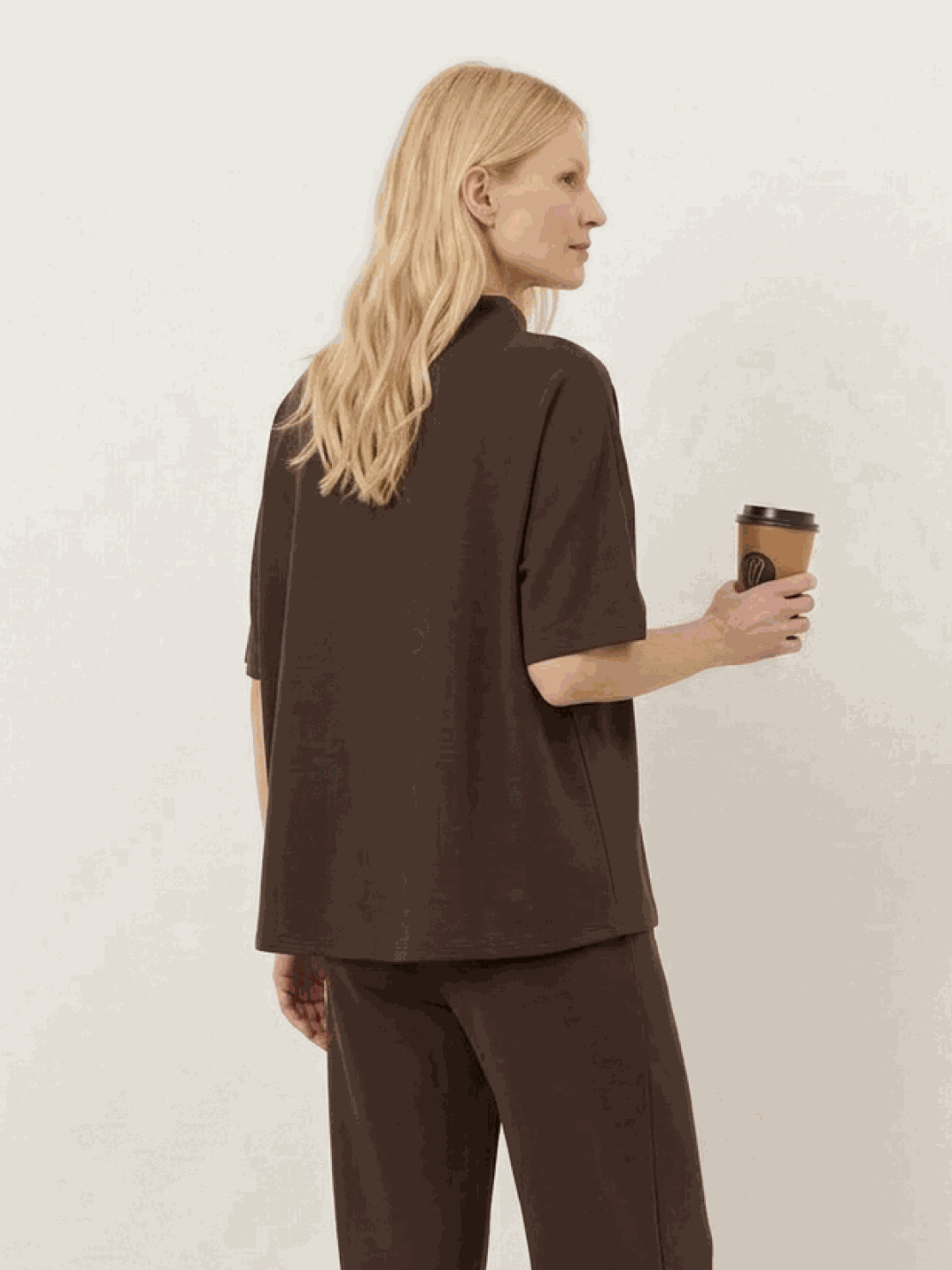 Cotton-blend capelet lounge set with mock neck top and wide-leg pants in relaxed fit
