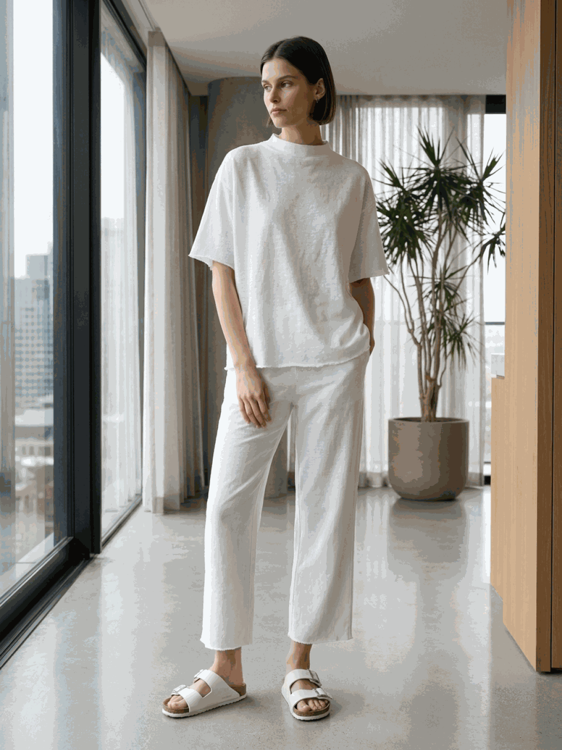 Woman wearing a chocolate brown cotton-blend capelet top with batwing sleeves and wide-leg pants lounge set