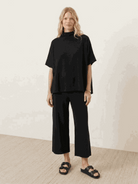 Cotton-blend capelet lounge set with mock neck top and wide-leg pants in relaxed fit
