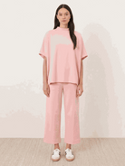 Cotton-blend capelet lounge set with mock neck top and wide-leg pants in relaxed fit