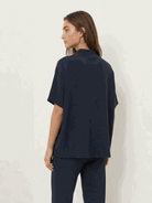 Cotton-blend capelet lounge set with mock neck top and wide-leg pants in relaxed fit