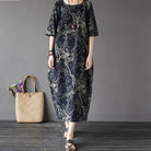 Blue Japanese porcelain print midi dress with 3/4 sleeves and front pockets