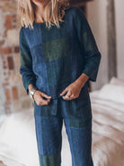 Woman wearing cotton-linen monochrome relaxed longline top and wide-leg pants set