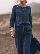 Woman wearing relaxed cotton-linen monochrome longline top and wide-leg pants set