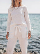 woman wearing cotton-linen monochrome longline top and wide-leg pants set