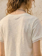 100% linen rolled cuff tee with contrast inner lining and relaxed scoop neckline