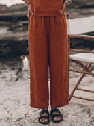 Loose fit co-ord set featuring a soft-tailored top and wide-leg cotton bottoms in beige