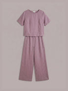 Loose fit co-ord set with soft-tailored top and wide-leg cotton bottoms in light crumpled texture