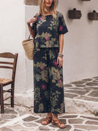 woman wearing soft-tailored loose fit co-ord set with wide-leg cotton trousers in light color
