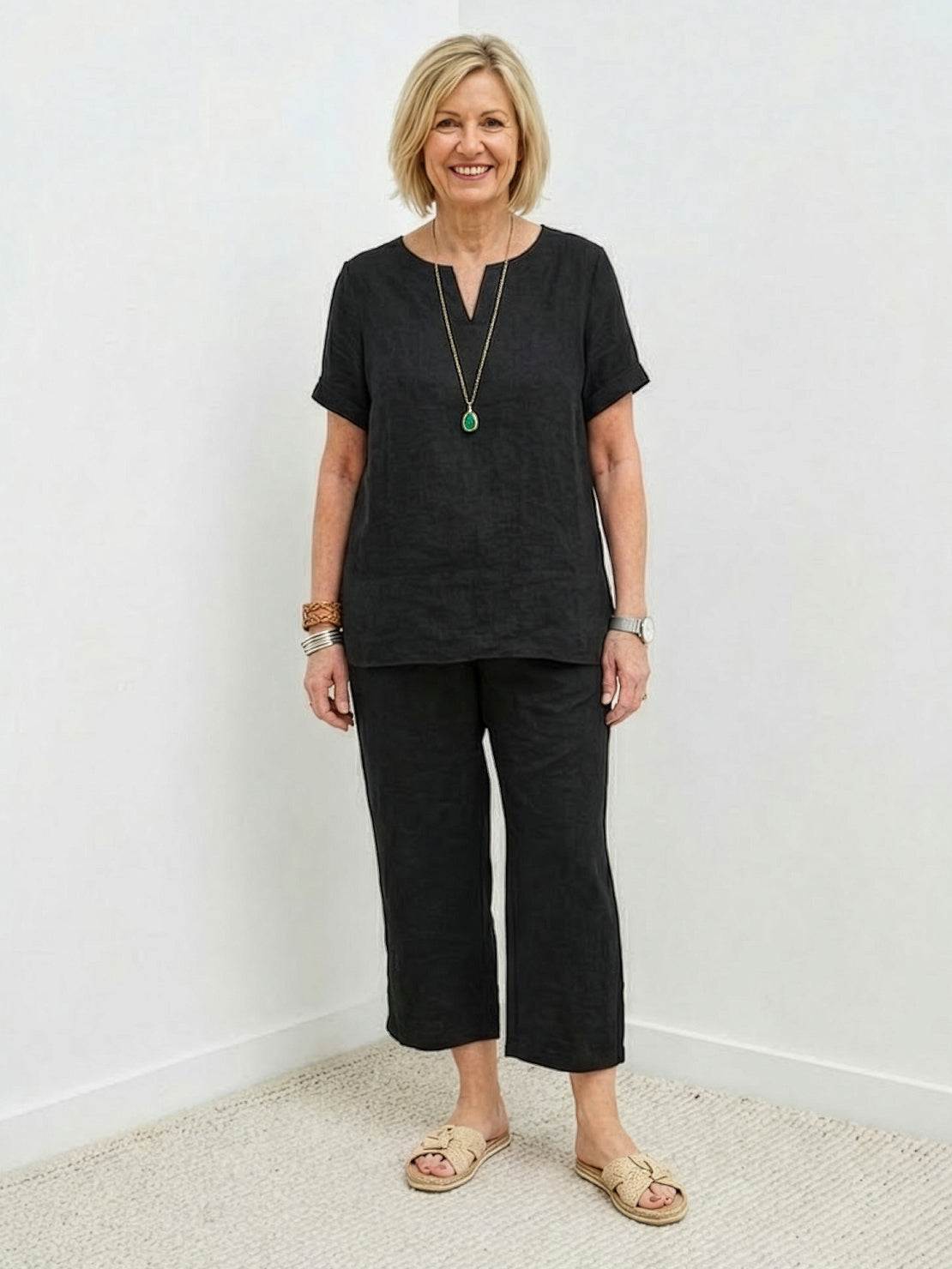 Breezy cotton blend two-piece summer set with short sleeves and elastic waist pants