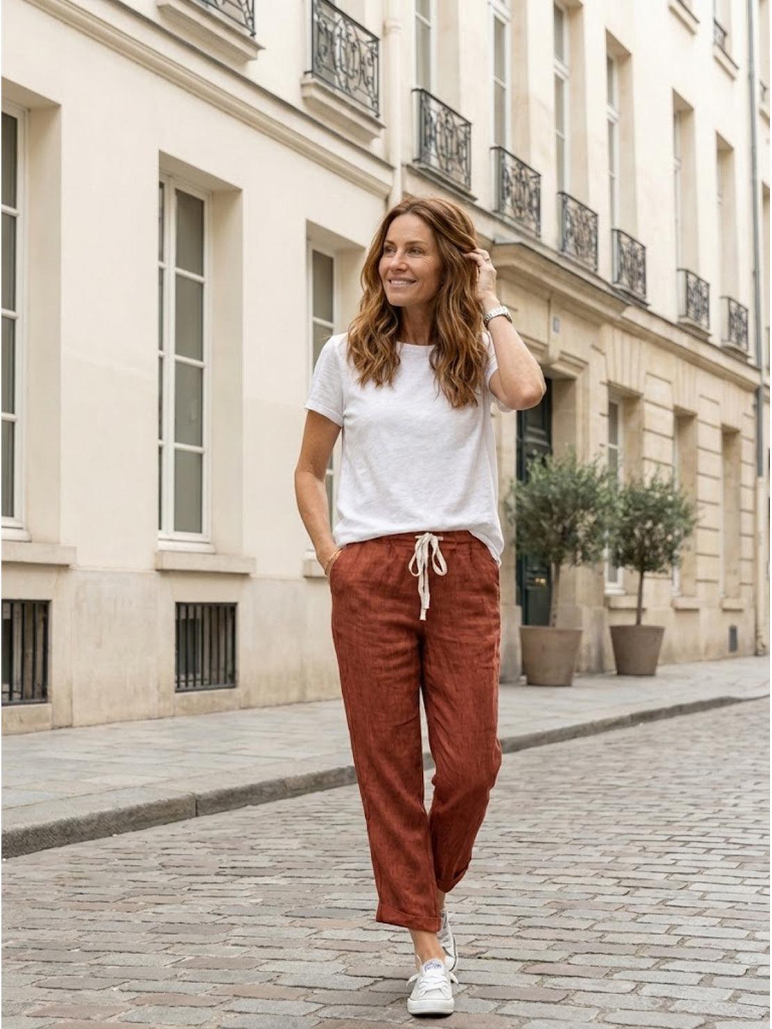 woman wearing breezy relaxed fit straight pants in casual setting