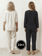 Two women wearing breathable cotton and linen two-piece casual chic duo outfits, standing confidently indoors
