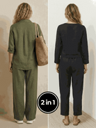 Two women showcasing Casual Chic Duo breathable cotton and linen two-piece sets outdoors