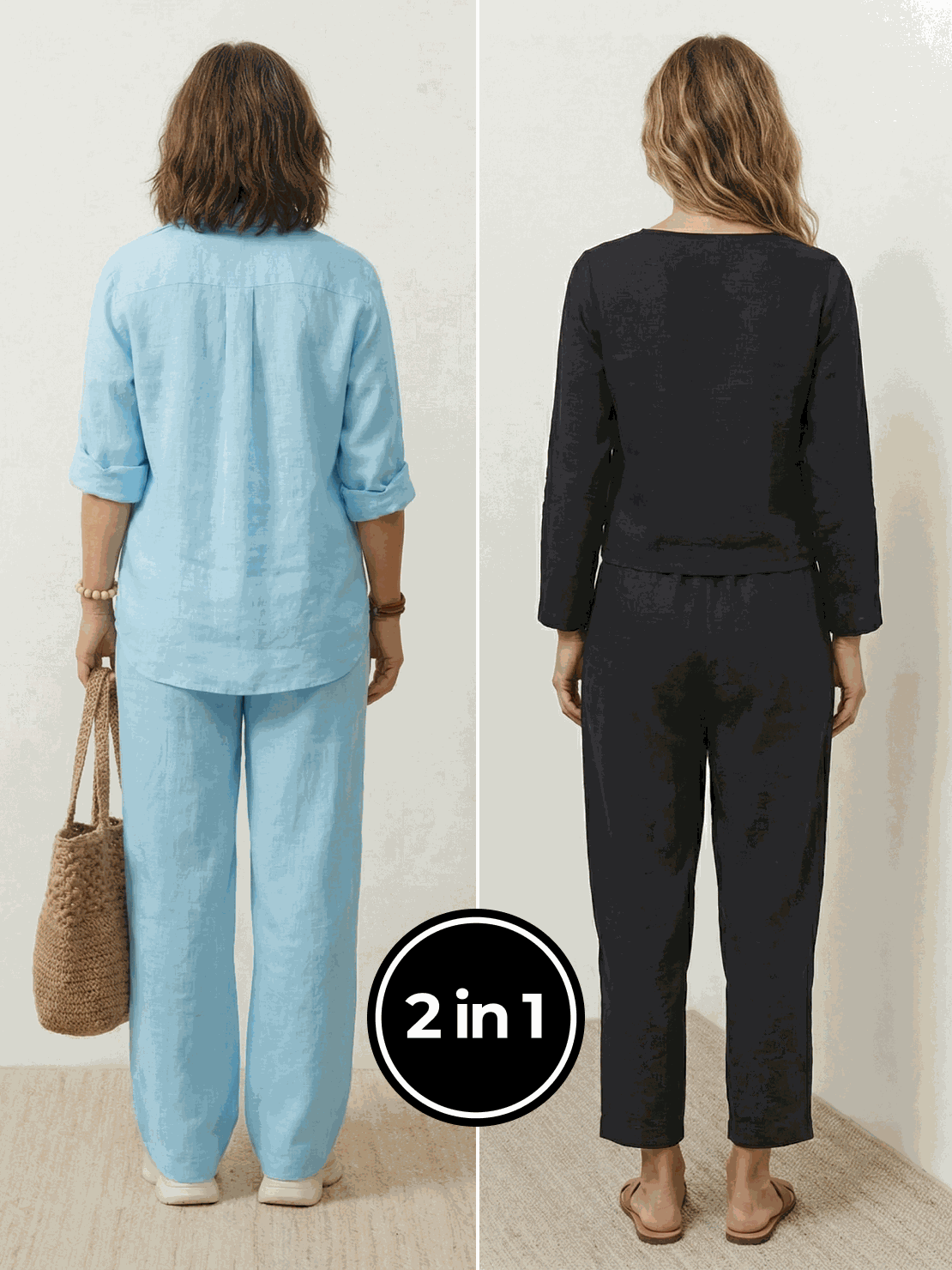 Two women wearing Casual Chic Duo breathable cotton and linen mix-and-match outfits